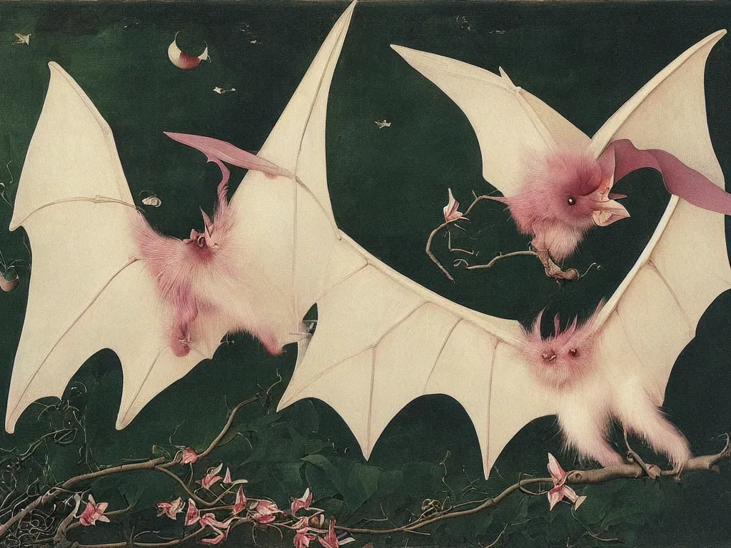 Image similar to beautiful exotic white fluffy bat, long antennae, pink eye. Painting by Jan van Eyck, Bosch, Audubon, Rene Magritte, Agnes Pelton, Max Ernst, Walton Ford