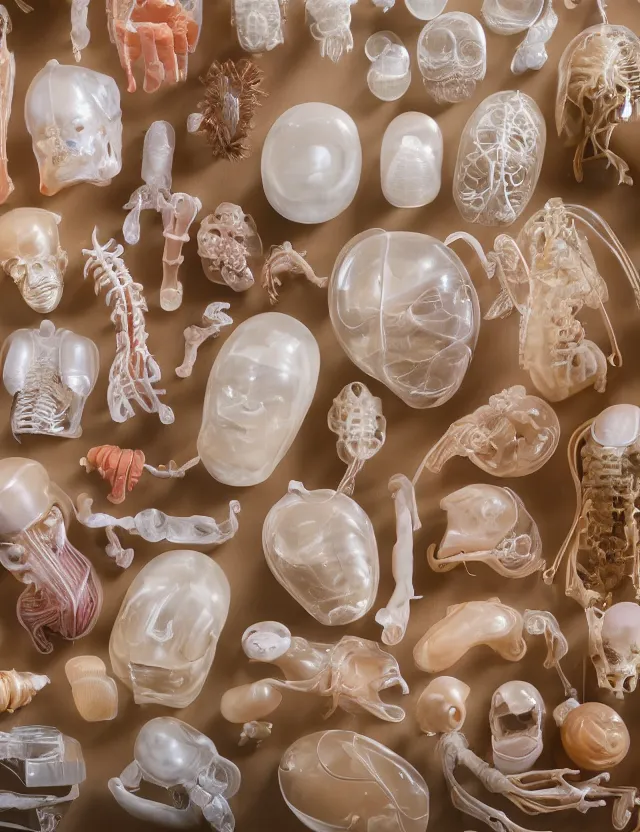 Image similar to a well - lit studio photograph of various earth - toned plastic translucent artificial organs, some wrinkled, some long, various sizes, textures, and transparencies, beautiful, smooth, detailed, intricate internal anatomy model