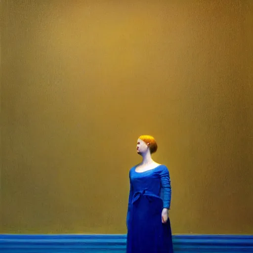 Image similar to close up of a woman in a blue and gold haunted liminal abandoned room, hyperrealistic film still by edward hopper, by gottfried helnwein, by klimt, art noveau, highly detailed, strong lights, liminal, eerie, bright pastel colors,