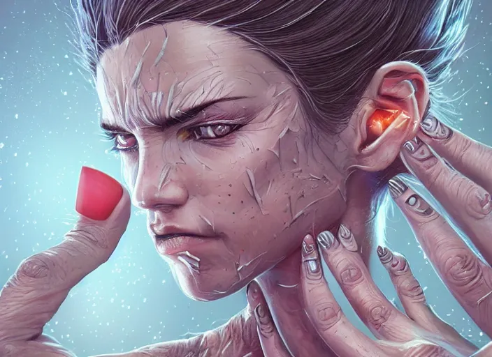 Prompt: a stupid head with highly detailed realistic nails sticking out of it, pain, light effect, hyper detailed, intricate, elegant, highly detailed, digital painting, artstation, concept art, matte, sharp focus, illustration, by dan mumford, yusuke murata, makoto shinkai, ross tran