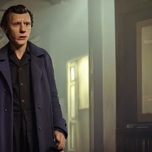 Image similar to tom holland as a rough dirty old man with a scruffy beard in a dark blue trenchcoat as the new doctor who, cinematic, volumetric lighting, f 8 aperture, cinematic eastman 5 3 8 4 film, photorealistic