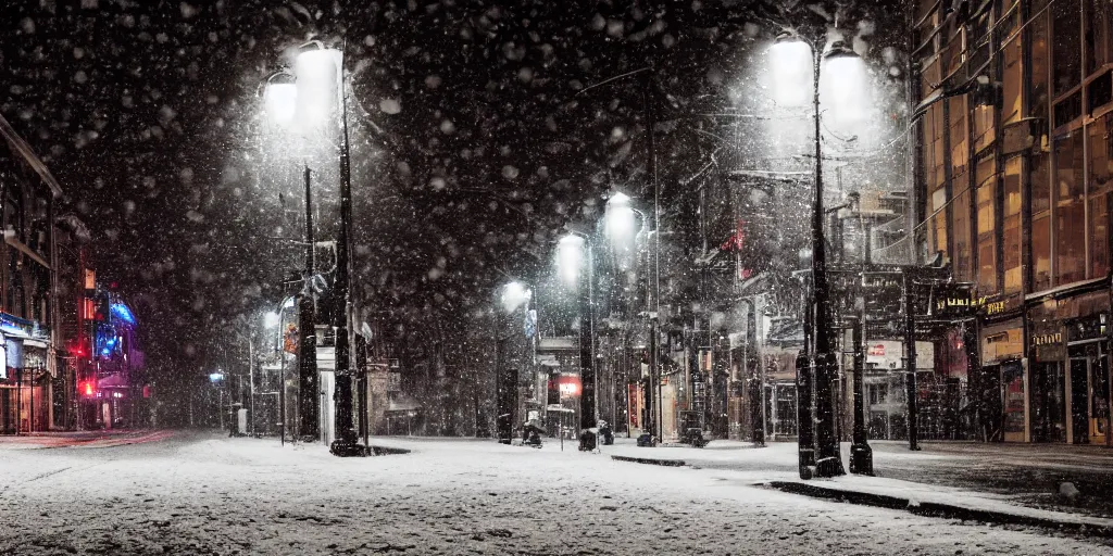 Prompt: a city street at night, snowing, photograph, cyberpunk, sharp focus, intricate detail, Desolate, drone shot, high resolution, 8k neon streetlights