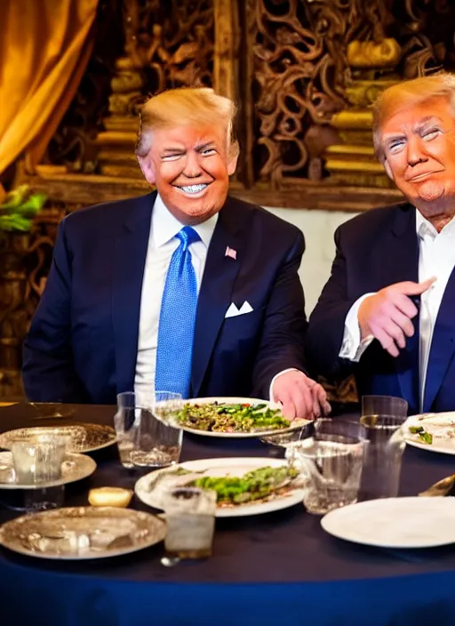 Image similar to Trump and Biden having dinner at a fancy Balinese restaurant, award winning photography, sigma 85mm Lens F/1.4, blurred background, perfect faces