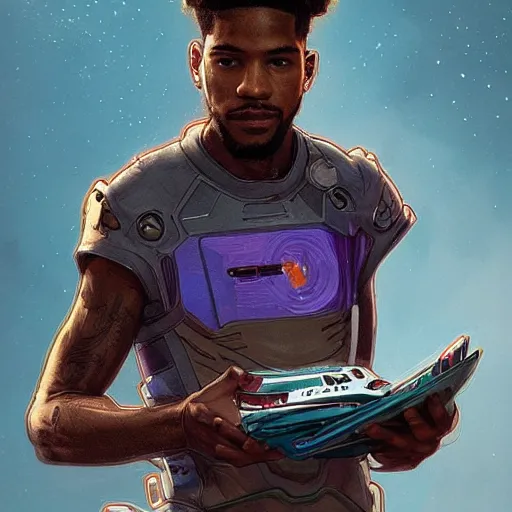 Image similar to scifi character portrait of Kid Cudi wearing a jordy leforge visor, intricate, wild, highly detailed, digital painting, artstation, concept art, smooth, sharp focus, illustration, art by artgerm and greg rutkowski and alphonse mucha