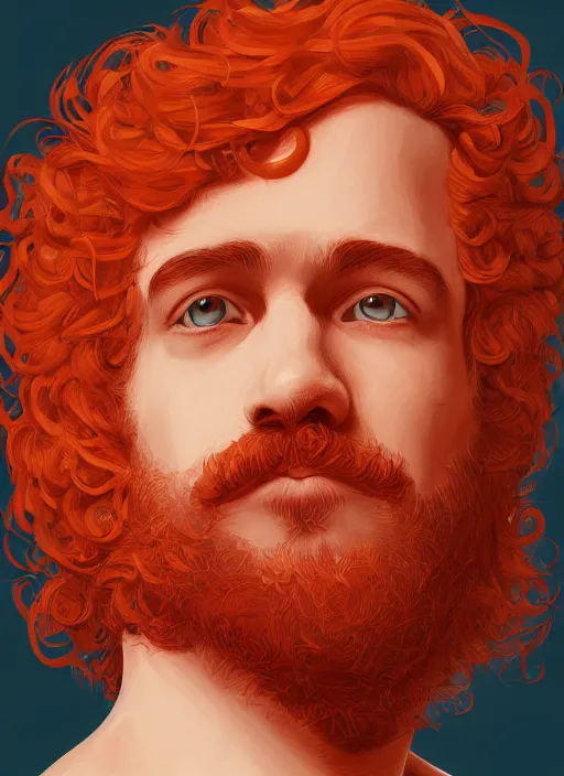 Image similar to illustration of a short curly orange hair man as a portrait, smooth, reflects, masterpiece artwork, ultra detailed, artgerm, style by karl marx, digital art, trending on artstation, behance, deviantart