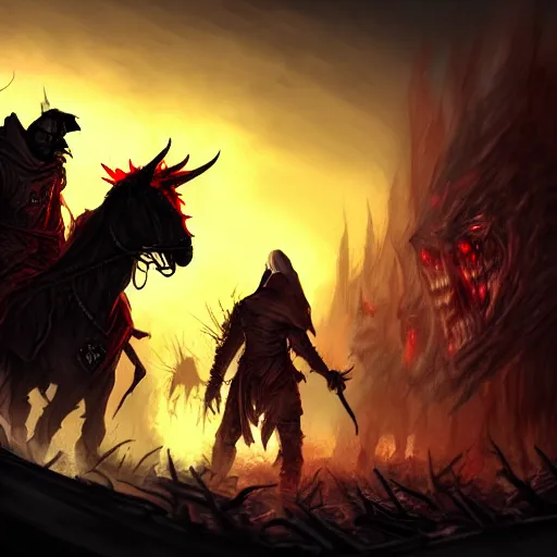 Image similar to a dark hooded general with glowing red eyes rides his horse above an army of zombies and ghouls, dark, D&D, Fantasy, MTG, heroic, Artstation, silhouette