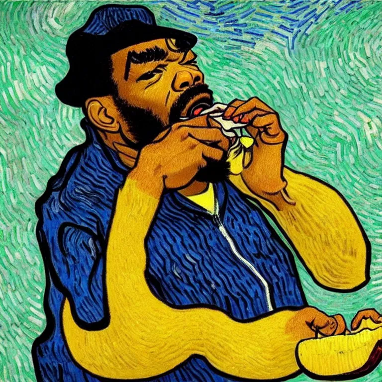 Image similar to method man eating a banana in the style of van gogh