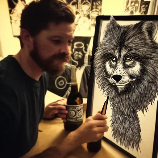 Image similar to photo portrait of drunk hobo artist drawing furries for booze, symmetry, awesome exposition, very detailed, highly accurate, intricate, professional lighting diffracted lightrays, 8 k, sense of awe