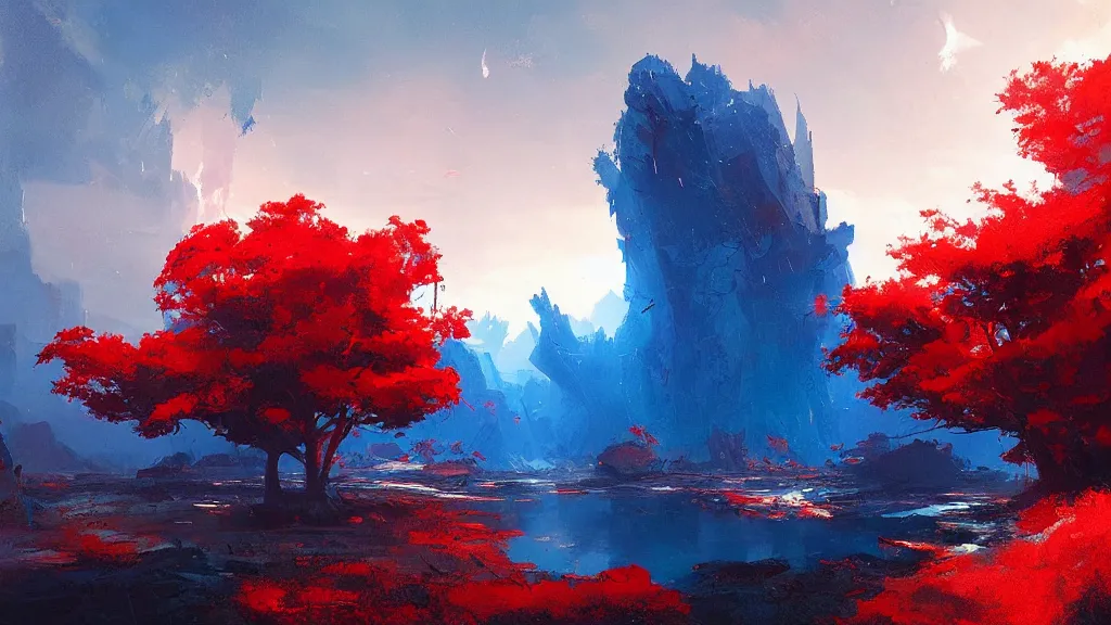 Image similar to stunning blue and red landscape by greg rutkowski and wlop