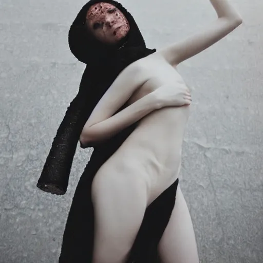 Image similar to beautiful female body silhouette, beautiful acrylic fluid portrait, photography by amy leibowitz and filip fedorov, black latex female balaclava, female calendar, ballerina body covered with black blanket, urban city photography, close up portrait, cinematic still, film still, magic hour, dark mood, fashion portrait, cold colors, long exposure, bokeh