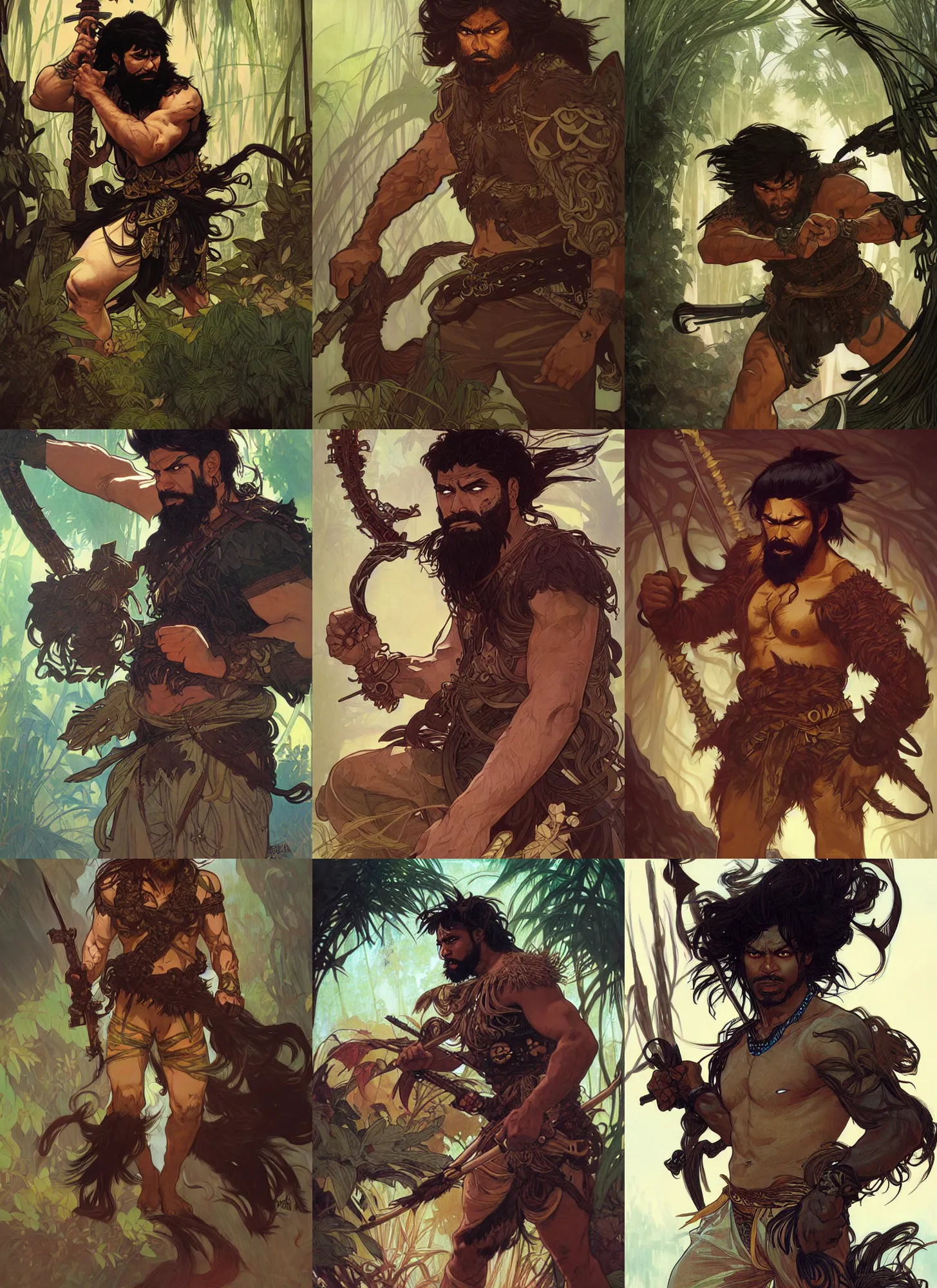 Prompt: jungle warrior, male, brown skin, black messy hair, beard, badass, angry, fight, high fantasy, dnd, illustration, by rossdraws, alphonse mucha, frank fanzzeta