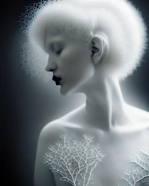 Prompt: dreamy foggy soft luminous bw art photo, beautiful young spiritual albino biomechanical female cyborg, mandelbrot fractal porcelain profile face, very long neck, halo, white smoke atmosphere, rim light, big leaves and stems, fine foliage lace, alexander mcqueen, art nouveau fashion pearl embroidered collar, steampunk, elegant