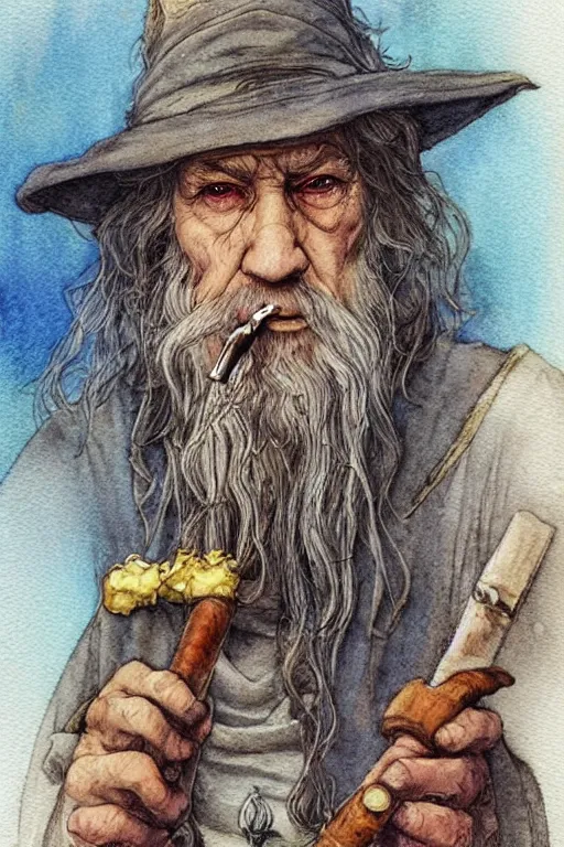 Image similar to a realistic and atmospheric watercolour fantasy character concept art portrait of ( ( ( gandalf ) ) ) with bloodshot eyes smoking a pipe looking at the camera with a pot leaf nearby by rebecca guay, michael kaluta!!!!!!, charles vess and jean moebius giraud!!!!!