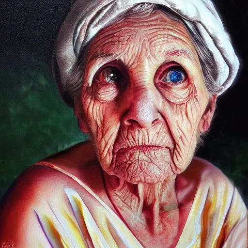 Prompt: medical heating eye bag, old woman, in the glamour style, oil painting, high definition, airbrush,