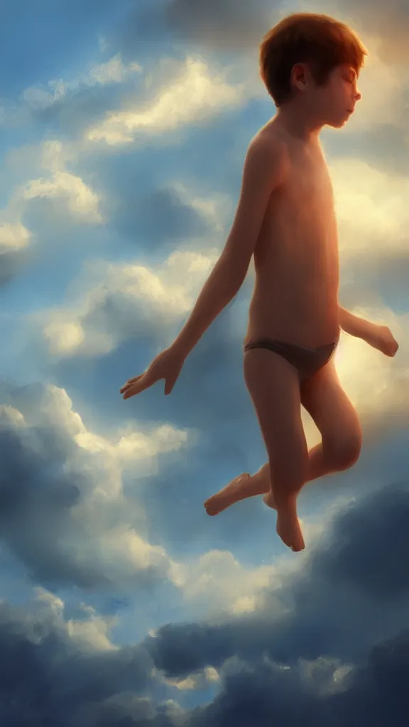 Image similar to A boy swimming in the clouds, volumetric lightin, highly detailed, digital painting, artstation, concept art, smooth, sharp focus, blue sky, sunshine