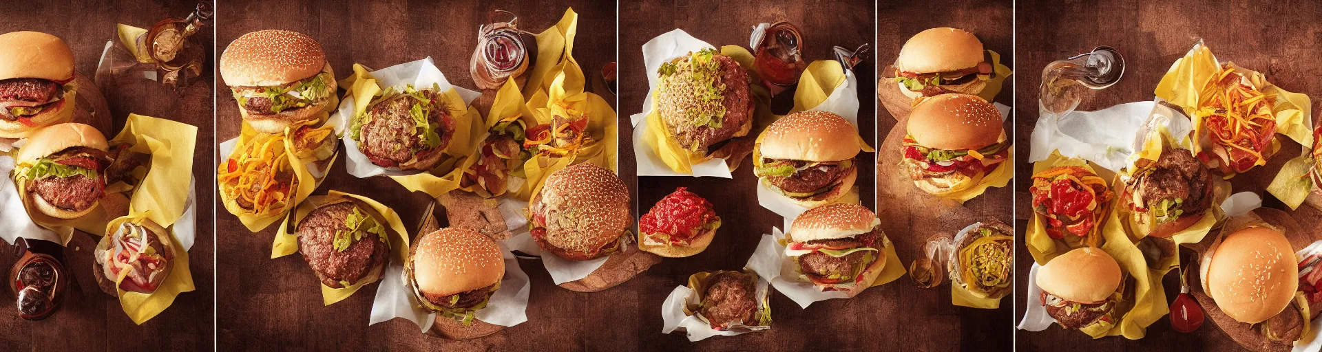 Image similar to a triptych of the hamburgers that represent all of history, award - winning food photograph