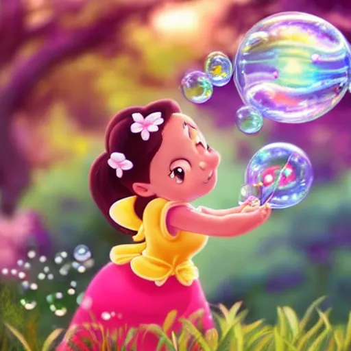 Image similar to a little girl in a beautiful garden blowing bubbles in a still from a disney movie. beautiful disney cartoon character art, high quality, detailed face