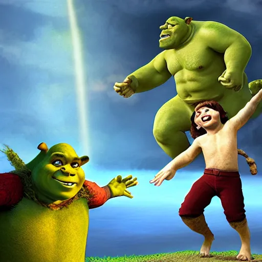 Image similar to Jesus Christ battling shrek in heaven