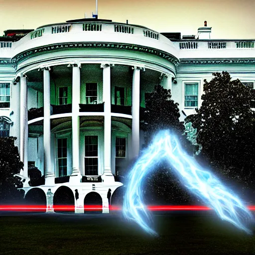 Image similar to gandalf attacks the white house, realistic extremely detailed photo style painting, granular detail, holographic krypton ion, octane render, 4 k, f 3 2, 5 5 mm photography, wide angle