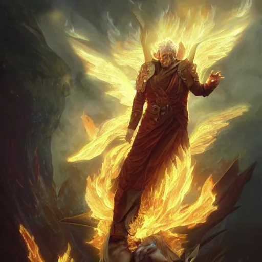 Image similar to Christopher Lloyd as belial, burning and falling from the sky, full_body!!, dungeons and dragons, highly_detailed!!, Matte painting, artstation, concept art, sharp focus, illustration, art by artgerm and greg rutkowski and alphonse mucha