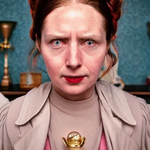 Prompt: an image of a women from a wes anderson film looking at the camera mark ryden, 8 k ultra detailed