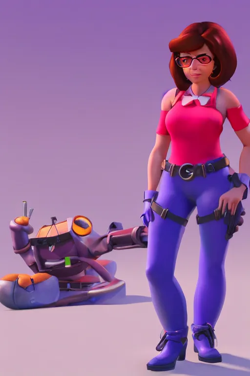 Image similar to Velma from Scooby Doo, overwatch main character Blizzard pixar 3d maya engine on stylized background splash comics global illumination lighting,