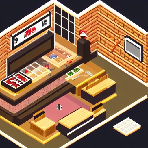 Prompt: isometric view of ramen shop, pixelart