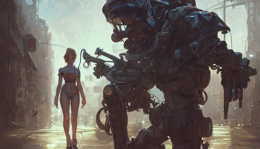 Image similar to sheriff and a girl, street deal, cheap contiousness, neon, alterd carbon, mech suit, fibonacci, sweat drops, insane, intricate, highly detailed, digital painting, artstation, concept art, smooth, sharp focus, illustration, Unreal Engine 5, 8K, art by artgerm and greg rutkowski and alphonse mucha