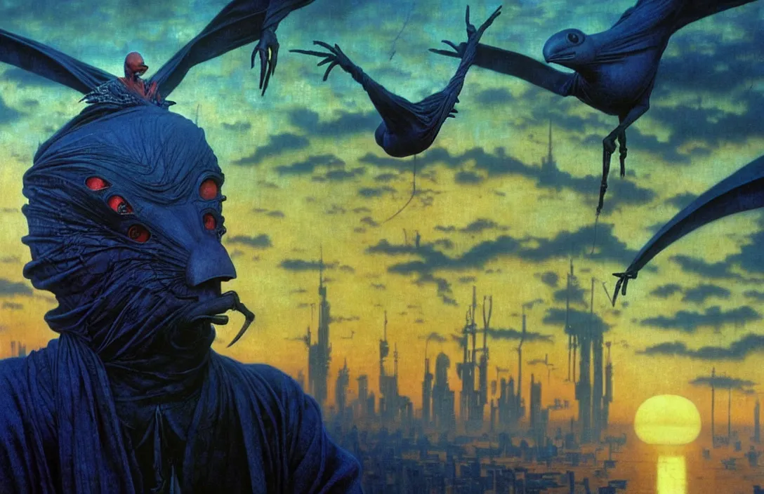 Prompt: realistic detailed portrait movie shot of a birdman wearing dark ragged robes, futuristic city sunset landscape background by denis villeneuve, amano, yves tanguy, alphonse mucha, ernst haeckel, max ernst, roger dean, ridley scott, dynamic closeup composition, rich moody colours, blue eyes, man with a giant birdhead