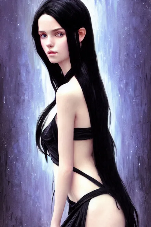 Image similar to portrait of teenage girl with long glossy black hair, blue eyes, glowing skin, fashion model features, fantasy, intricate, elegant, black dress, highly detailed, digital painting, artstation, concept art, smooth, sharp focus, illustration, art by Krenz Cushart and Artem Demura and alphonse mucha