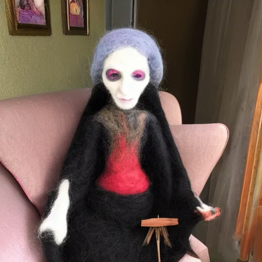 Prompt: photo of a life sized needle - felted 2 0 0 year old crone in a needle felted lounge room