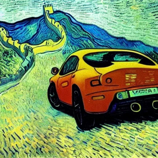 Prompt: An oil painting of a supercar is running on the Great Wall, by Van Gogh