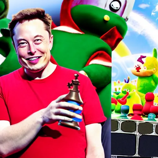 Prompt: elon musk with teletubbies, playing chess