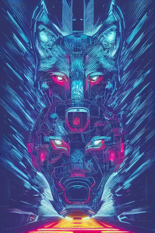 Prompt: a portrait of a wolf with thunders in the sky in a future cybernetic city, outrun style and colours, trending on arstation, by dan mumford, by ross tran