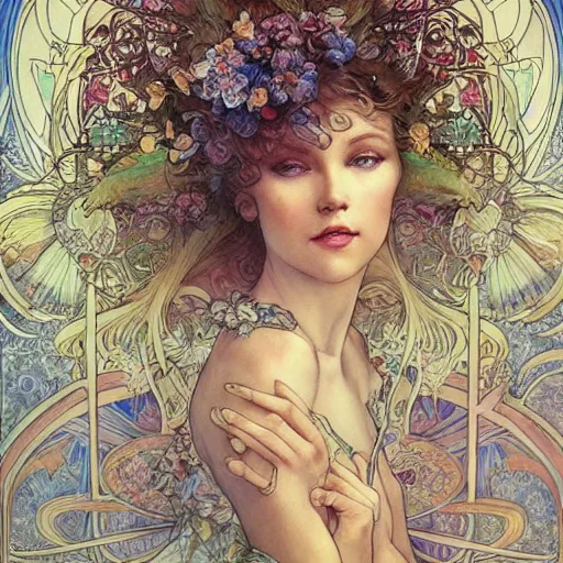 Image similar to Tatiana Hordiienko and Mucha collaboration artwork,beautiful