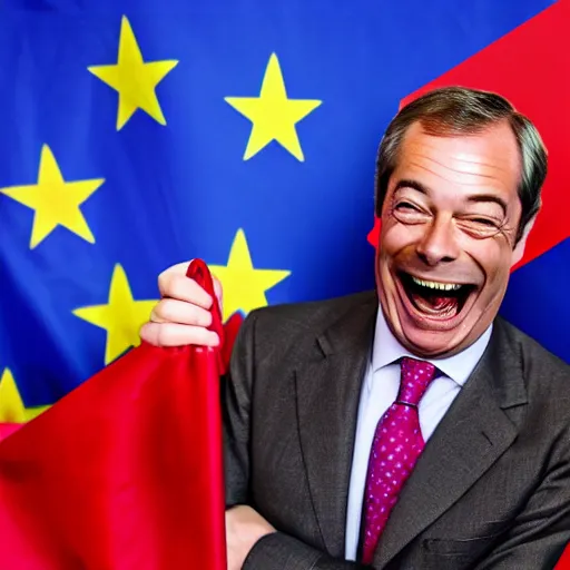 Image similar to nigel farage laughing holding burning eu flag, studio photograph, hd, studio