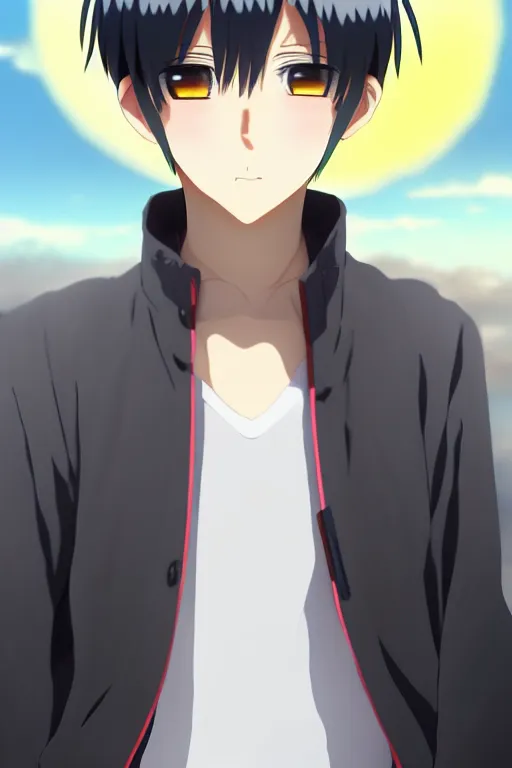 Prompt: anime art full body portrait character concept art, anime key visual of young male warror, platinum blonde straight bangs and large eyes, finely detailed perfect face delicate features directed gaze, standing on a bridge during sunset, trending on pixiv fanbox, studio ghibli, extremely high quality artwork