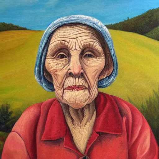 Prompt: painting of a wrinkled old woman, appalachian folk art