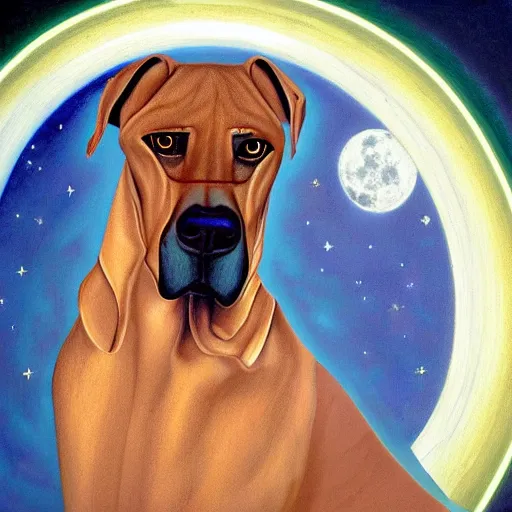 Image similar to the new age prophet Rhodesian ridgeback dog, illuminated from behind like a Catholic saint portrait, full moon night. Portrait by Paul Bonner, oil on canvas