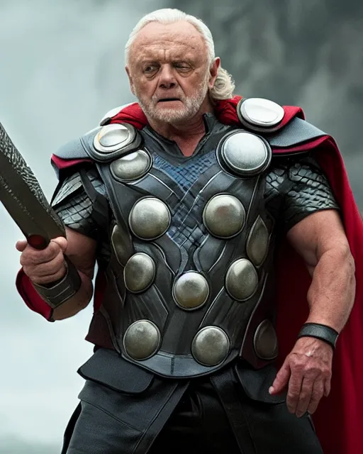 Prompt: Anthony Hopkins as Thor with hammer, in the movie Thor: Love and Thunder, cinematic drone photography