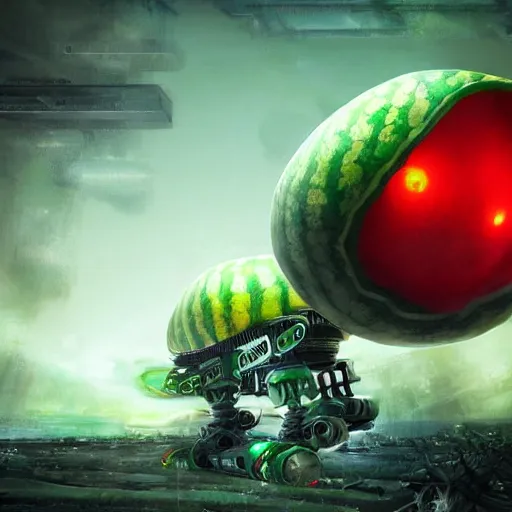 Image similar to Very very very very highly detailed sci-fi Watermelon war machine. Realistic Concept digital art in style of Hiromasa Ogura Gost in the shell, more watermelon less war machine, epic dimensional light