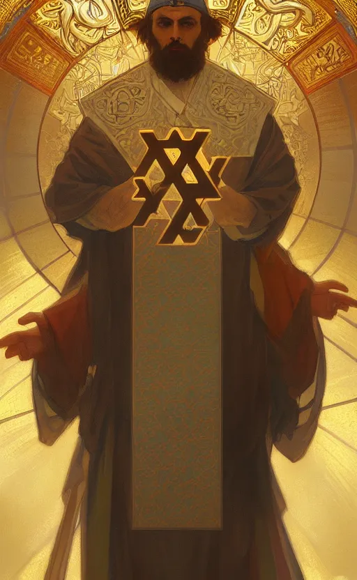 Image similar to the personification of judaism, jerusalem, star of david, menorah, highly detailed, digital painting, artstation, concept art, sharp focus, illustration, art by greg rutkowski and alphonse mucha