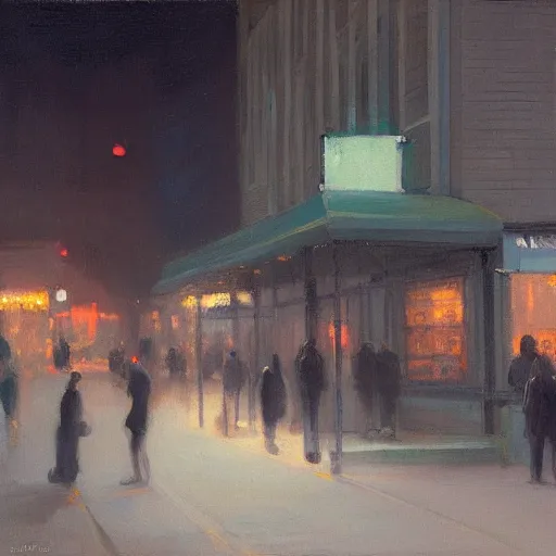 Prompt: a some people waiting in a lone bus stop in quiet dark city night, high quality, high resolution,detailed, by Jeremy Lipking evocative