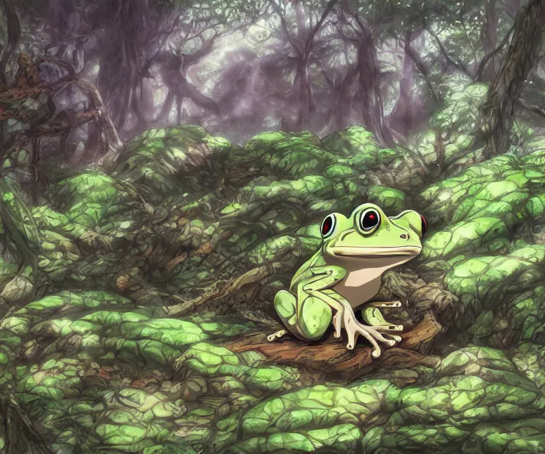 Image similar to frog in a forest, anime fantasy illustration by tomoyuki yamasaki, kyoto studio, madhouse, ufotable, comixwave films, trending on artstation