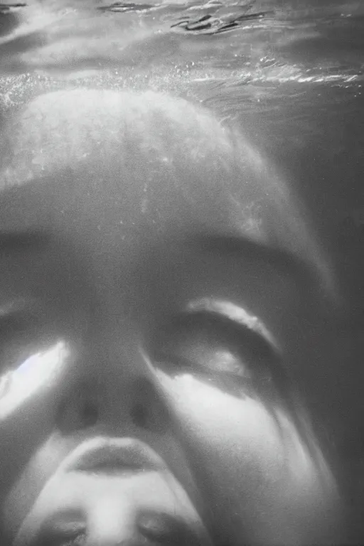 Image similar to film still, underwater view of young woman eyes, 35mm