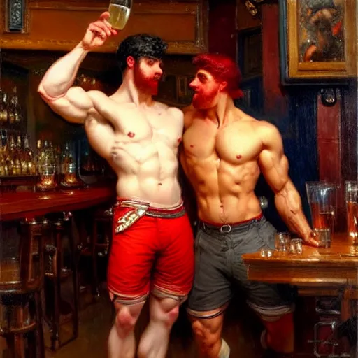 Image similar to attractive muscular male with red hair and attractive muscular male with black hair. pants and shorts, drinking their hearts out, having fun, in a pub. highly detailed and very defined painting by gaston bussiere, j. c. leyendecker, craig mullins 8 k