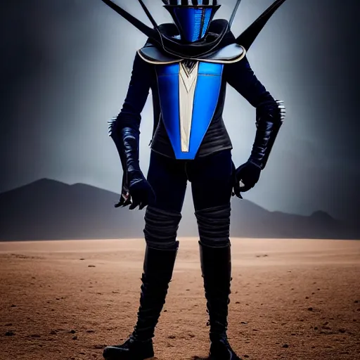 Prompt: low angle upper view of Austin Butler dressed in futuristic-baroque prussian blue duelist-garb and nanocarbon-vest and greaves, standing in an arena in Dune 2020, XF IQ4, f/1.4, ISO 200, 1/160s, 8K, RAW, unedited, symmetrical balance, face in-frame