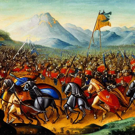 Image similar to wideshot of a medieval battle in front of a beautiful blue mountainscape, painting