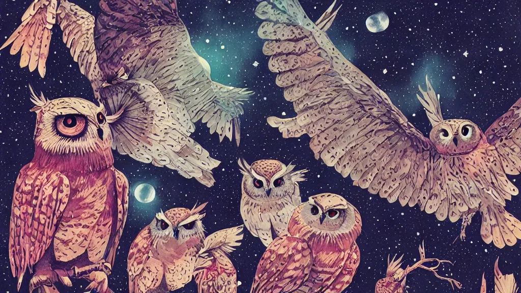 Image similar to very detailed, ilya kuvshinov, mcbess, rutkowski, watercolor illustration of owls flying at night, colorful, deep shadows, astrophotography, highly detailed