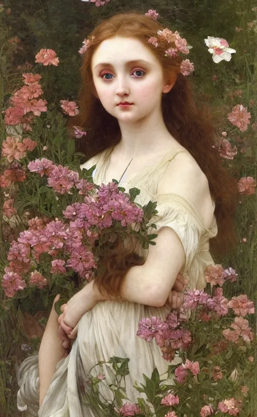 Image similar to a realistic oil painting of a girl resembling lily cole, covered in tons of flowers, highly detailed, intricate, detailed background, fairytale, artstation, by mucha, by william adolphe bouguereau, by waterhouse